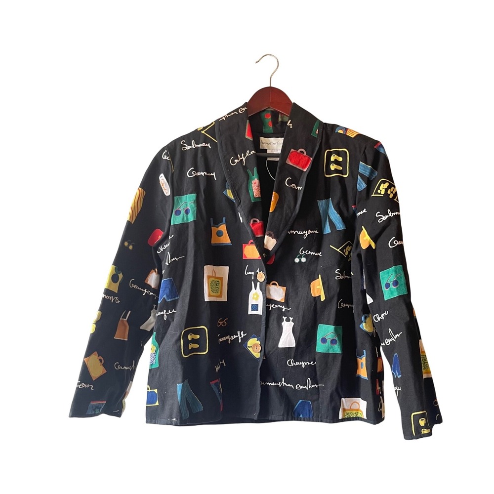 Vintage Jacqueline Lauren Women's‎ Medium Black Novelty Print Blazer Jacket